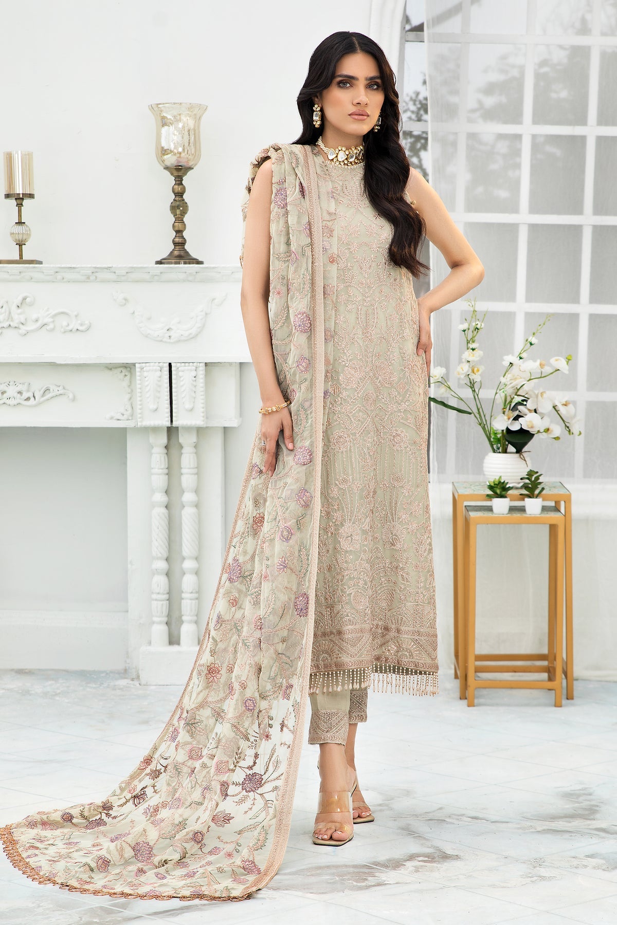 Buy Pakistani Embroidered Long Kameez Capri Party Wear – Nameera by Farooq