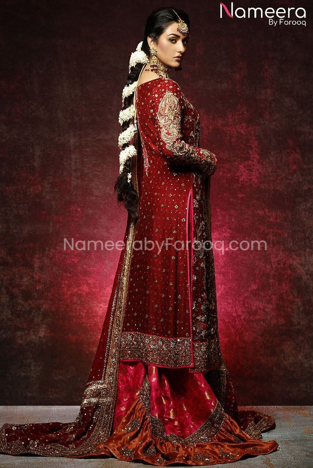 Pakistani Bridal Long Kameez With Readymade Gharara Online Nameera By Farooq 