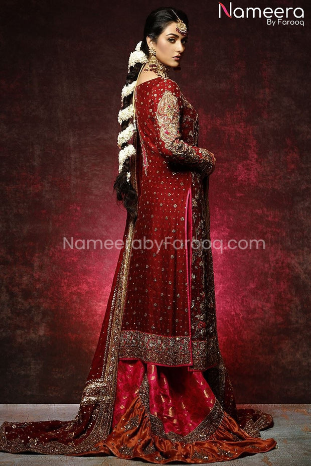 Pakistani Bridal Long Kameez With Readymade Gharara Online Nameera By Farooq 1958