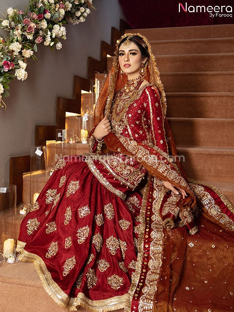 Buy Latest Elegant Pakistani Maroon Wedding Dress Online 2021 Nameera By Farooq 