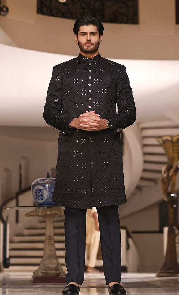 Pakistani Mens Black Sherwani Designer Dress For Wedding – Nameera By Farooq