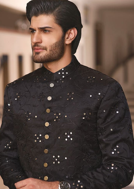 Pakistani Mens Black Sherwani Designer Dress For Wedding – Nameera By Farooq