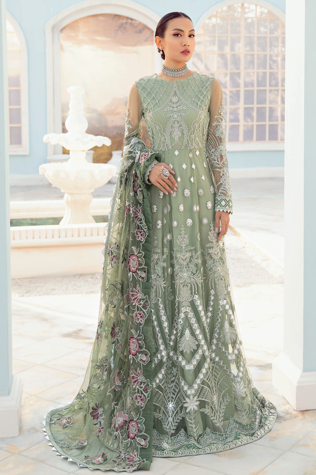 Fancy Pakistani Pishwas Dress In Mint Green Shade Online Nameera By Farooq 