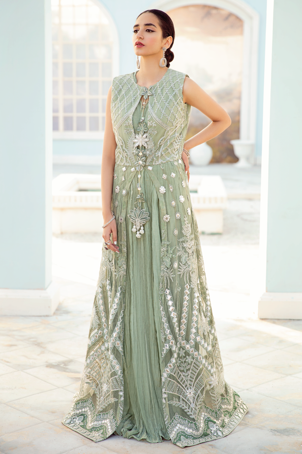 Fancy Pakistani Pishwas Dress In Mint Green Shade Online Nameera By Farooq 