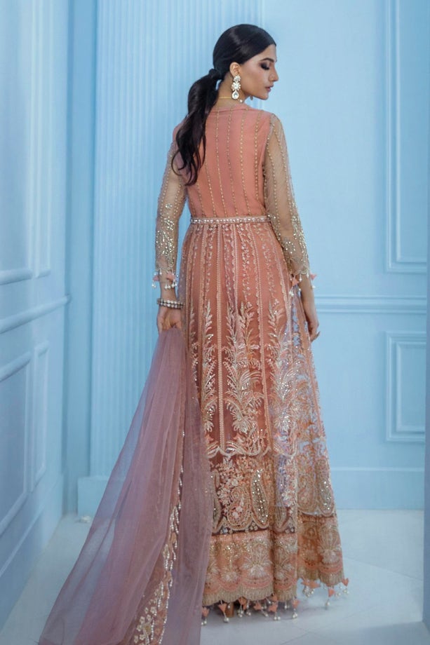 Peach Pakistani Pishwas Dress With Lehenga Designer Online Nameera By Farooq 4304