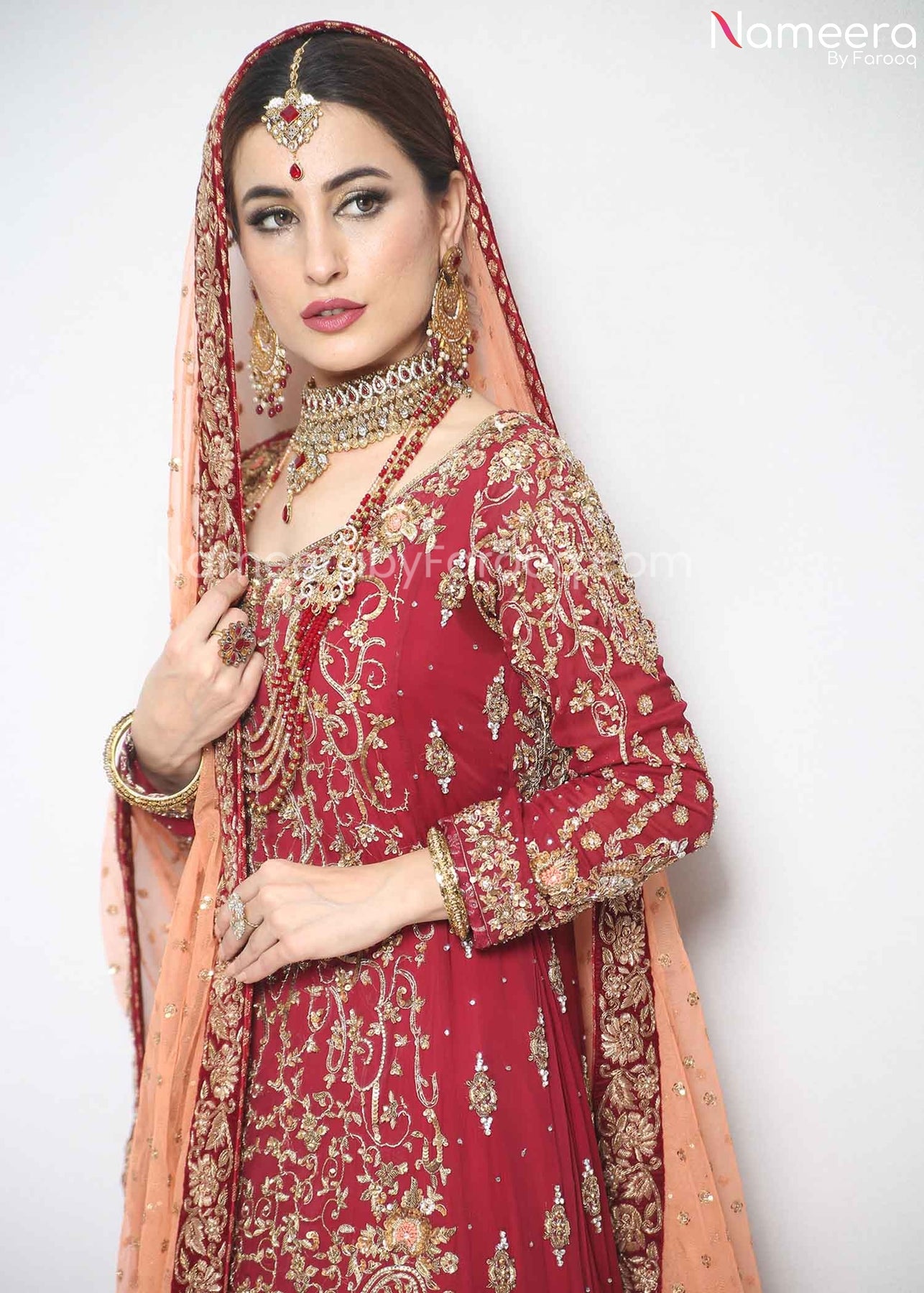 Buy Latest Pakistani Red Dress For Bride With Embroidery Online Nameera By Farooq 