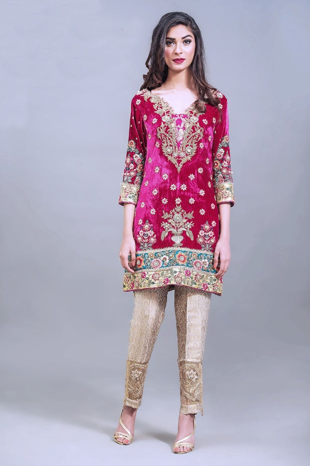 Pakistani Velvet Wedding Party Dress in Pink Color – Nameera by Farooq