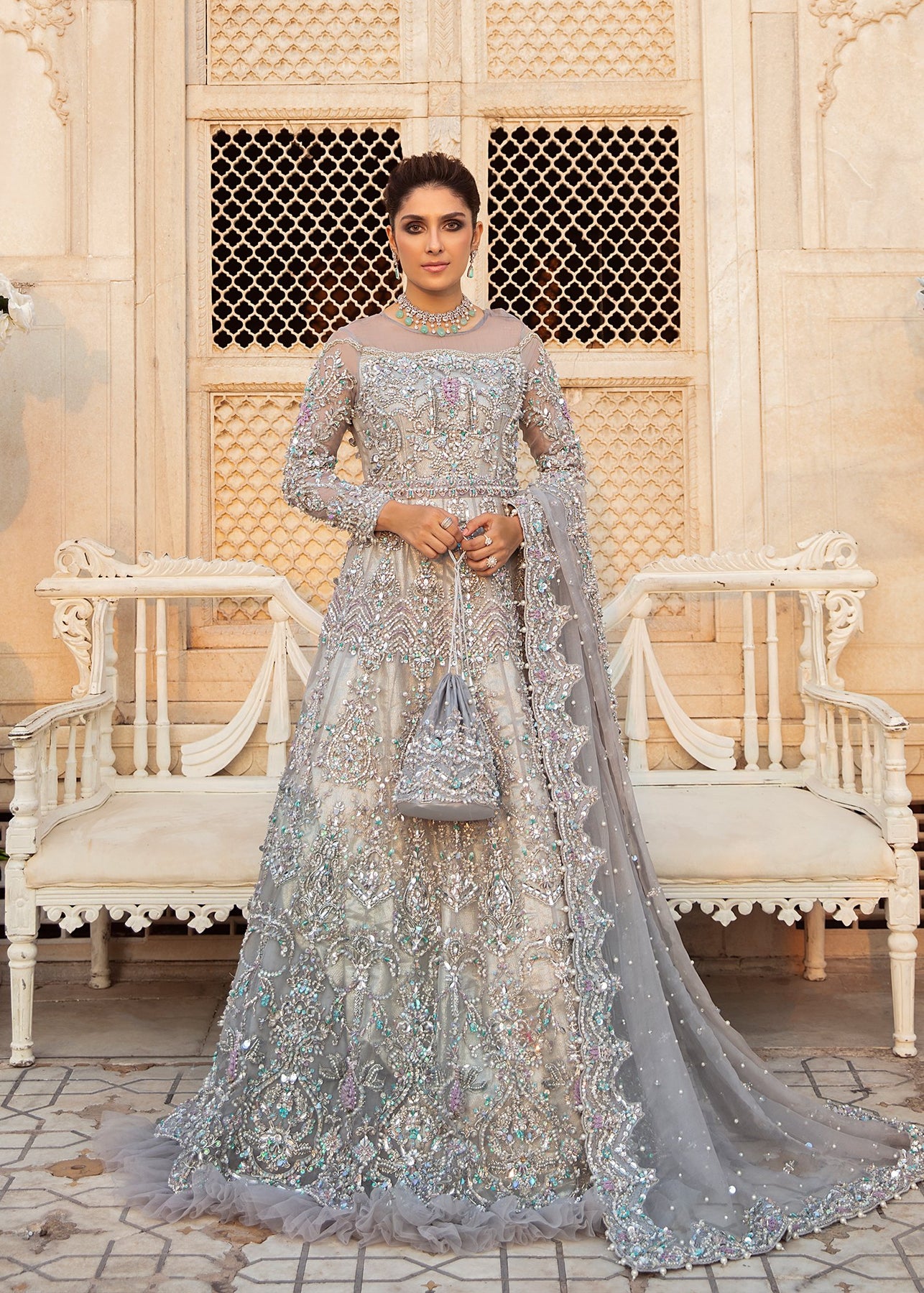 Pakistani Wedding Gown With Bridal Lehenga In Ice Grey Color Nameera By Farooq 8885