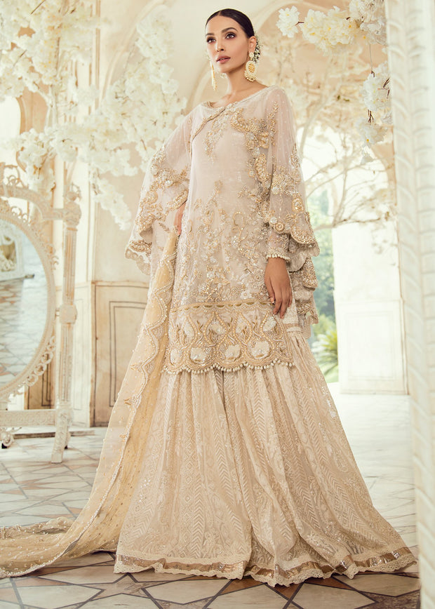 Pakistani Bridal Gharara For Wedding In Ivory Color Nameera By Farooq 3606