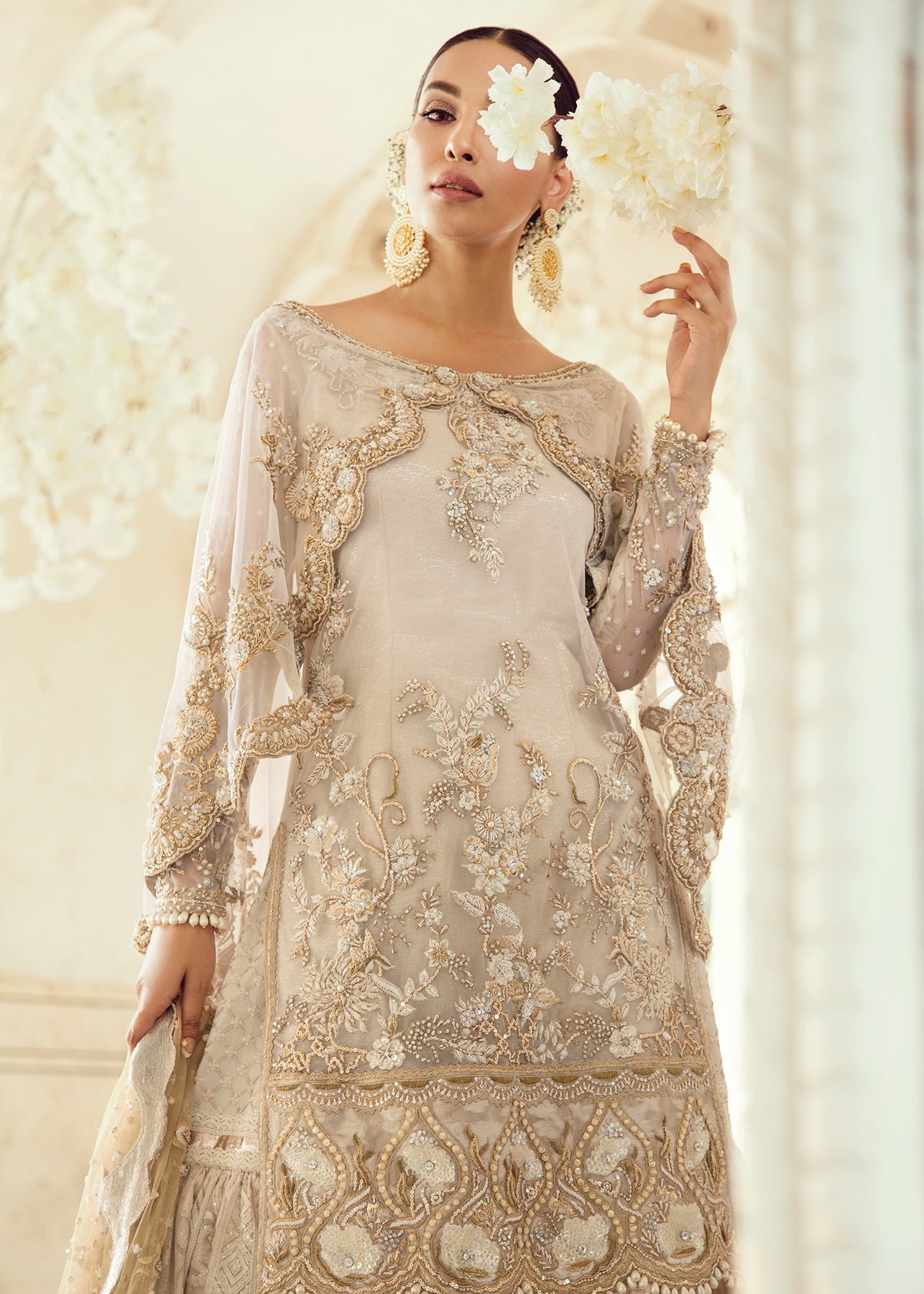 Pakistani Bridal Gharara For Wedding In Ivory Color Nameera By Farooq 3628