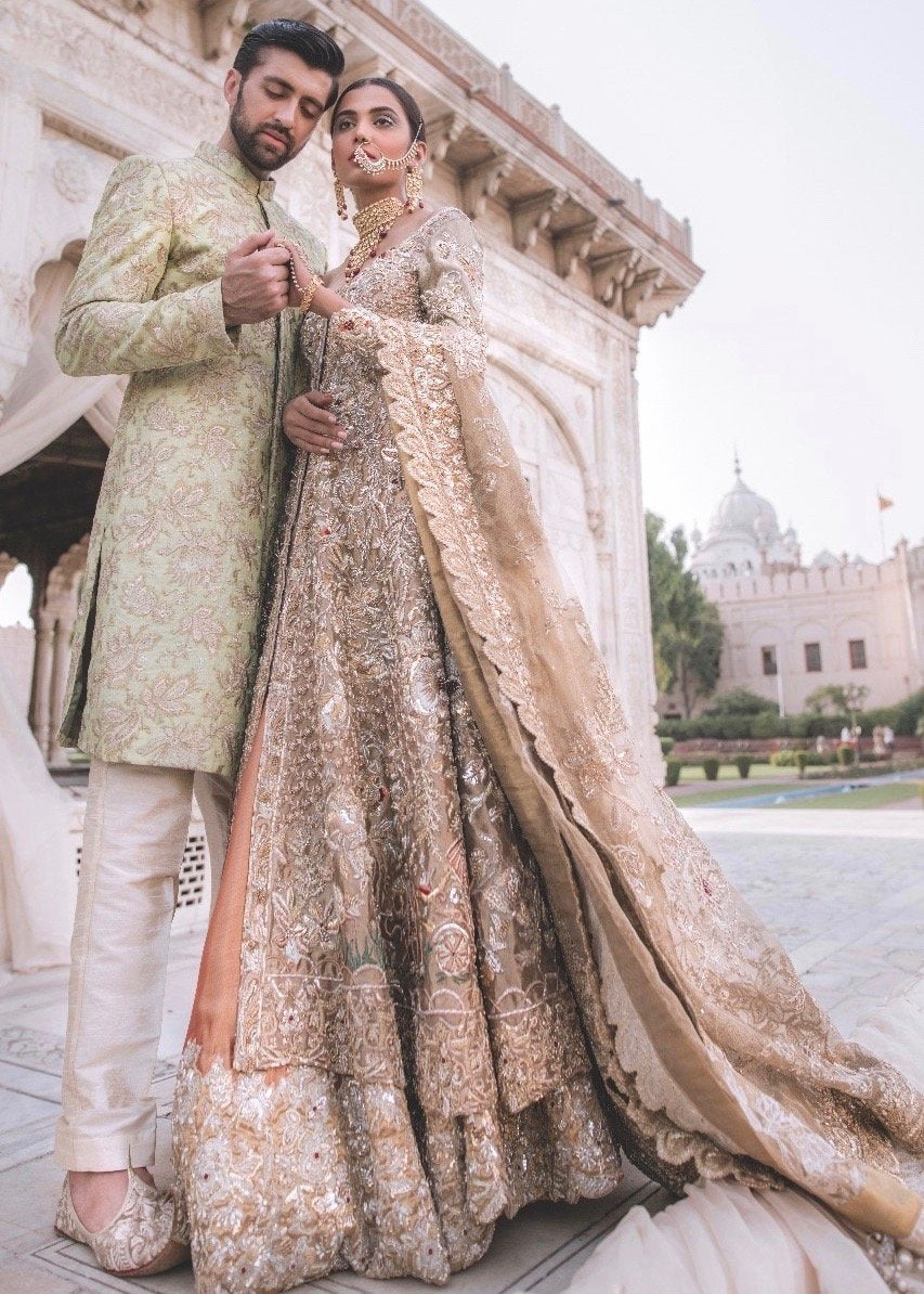 Pakistani Bridal Gown Dress For Wedding In Gold Color Nameera By Farooq 9038