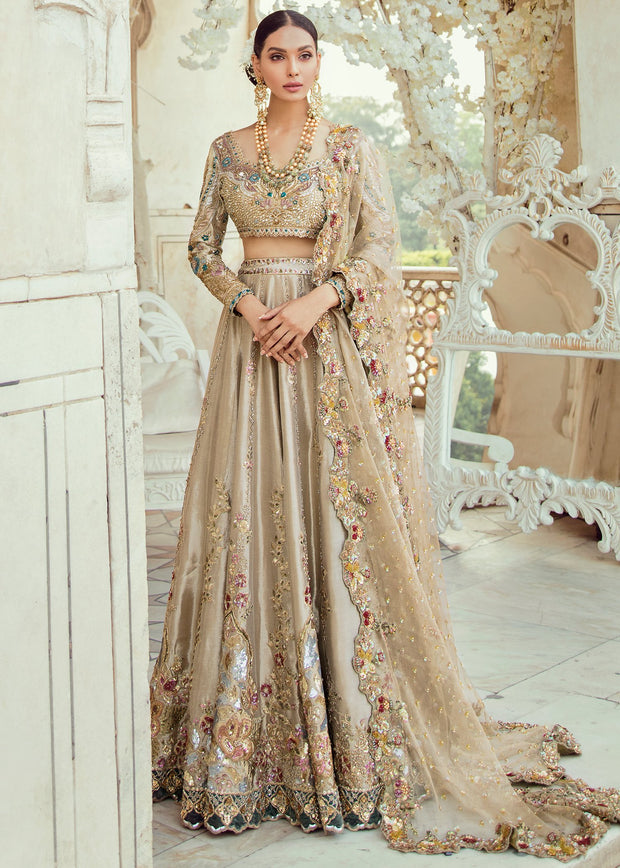 Latest Pakistani Bridal Lehnga Choli In Gold Color Nameera By Farooq 7599