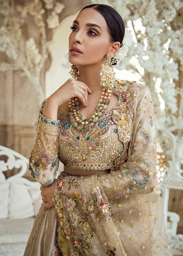 Latest Pakistani Bridal Lehnga Choli In Gold Color Nameera By Farooq 0802