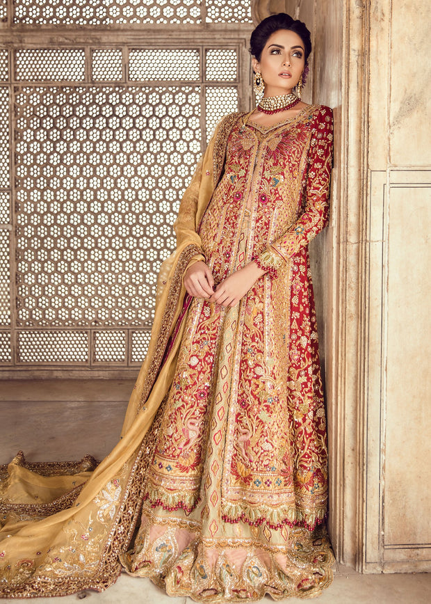 Pakistani Bridal Lehnga with Long Shirt in Red Color – Nameera by Farooq
