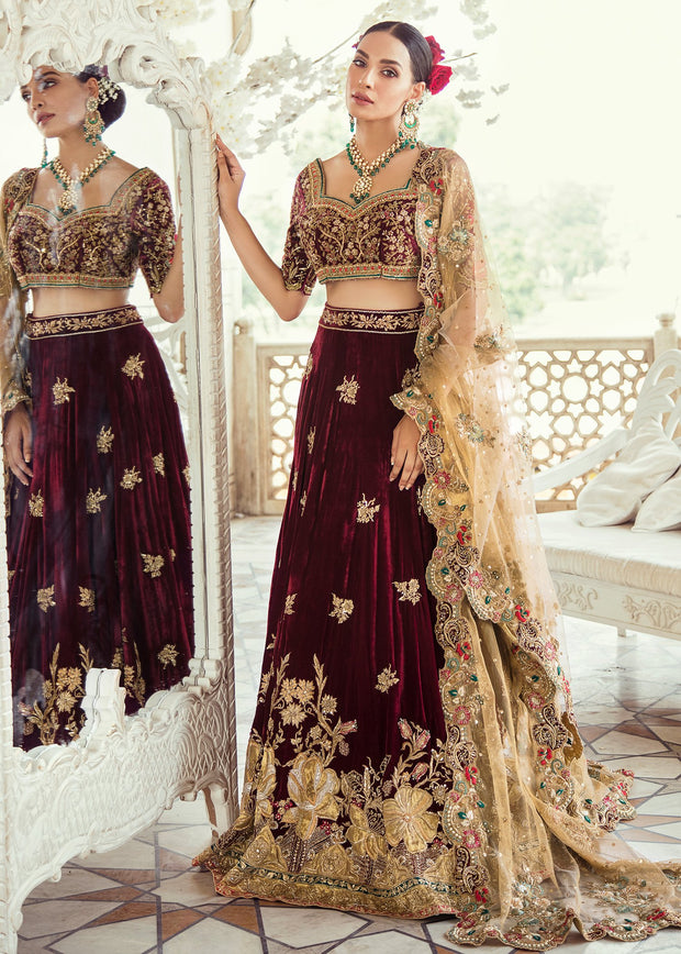 dark maroon velvet bridal lehenga