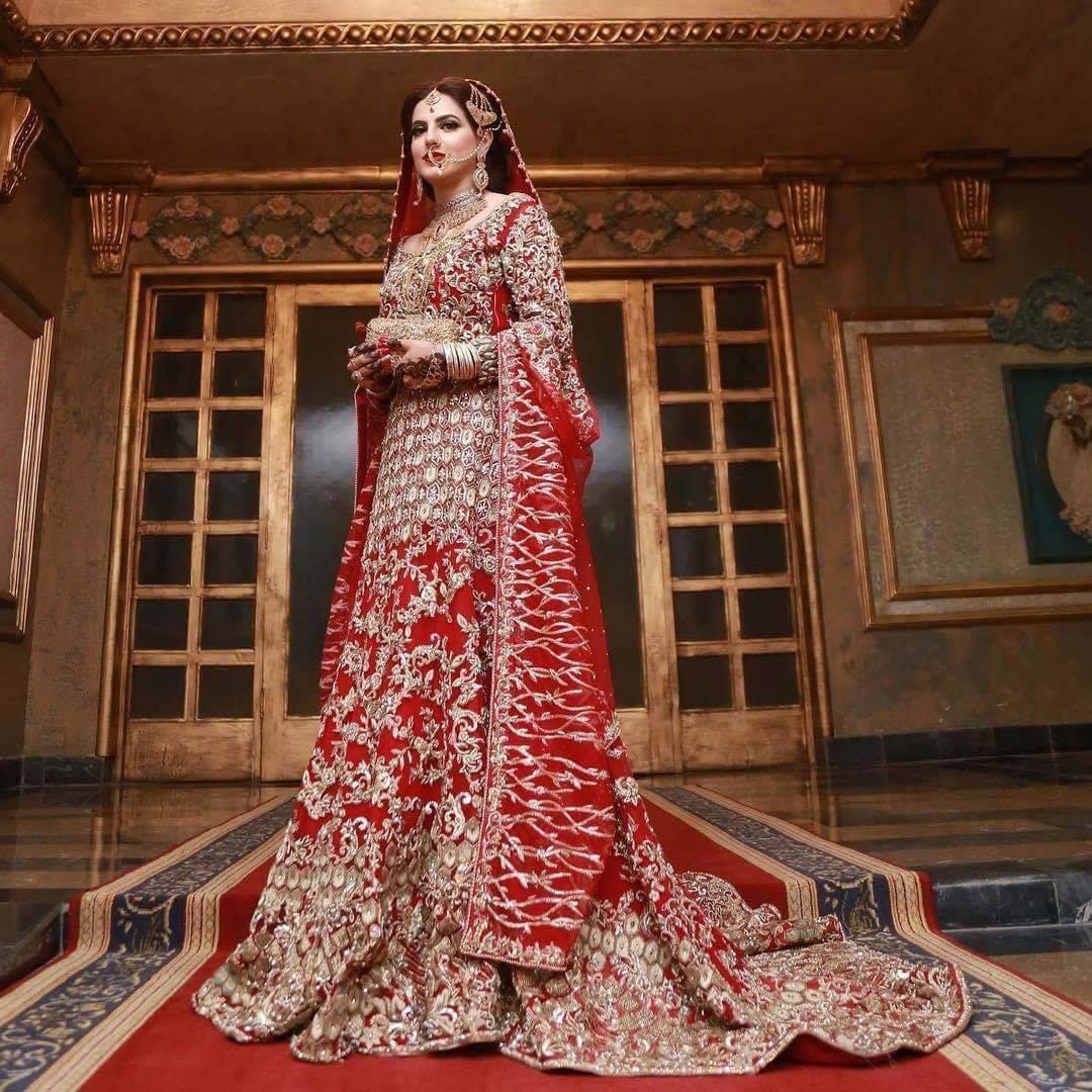 Pakistani Bridal Maxi Fresh Red Fershi Long Tail Cut Dress 2019 Nameera By Farooq 