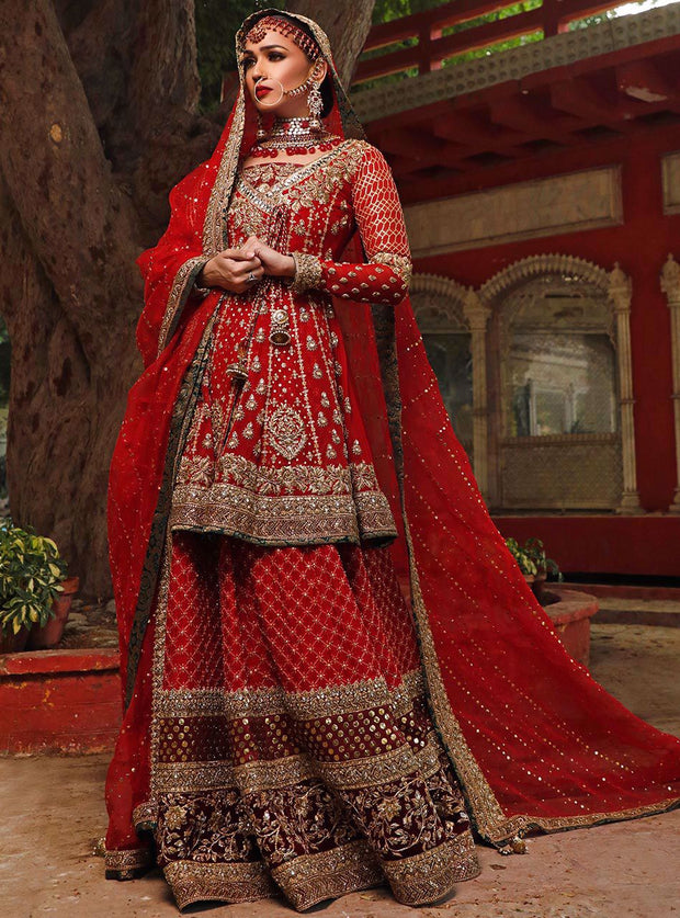 Pakistani Bridal Wedding Dress in Deep Red Color – Nameera by Farooq