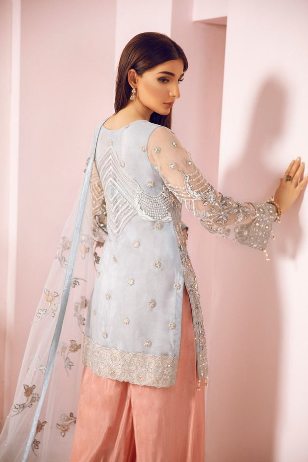 Latest Pakistani Fancy Party Dress In Sky Blue Color Nameera By Farooq 