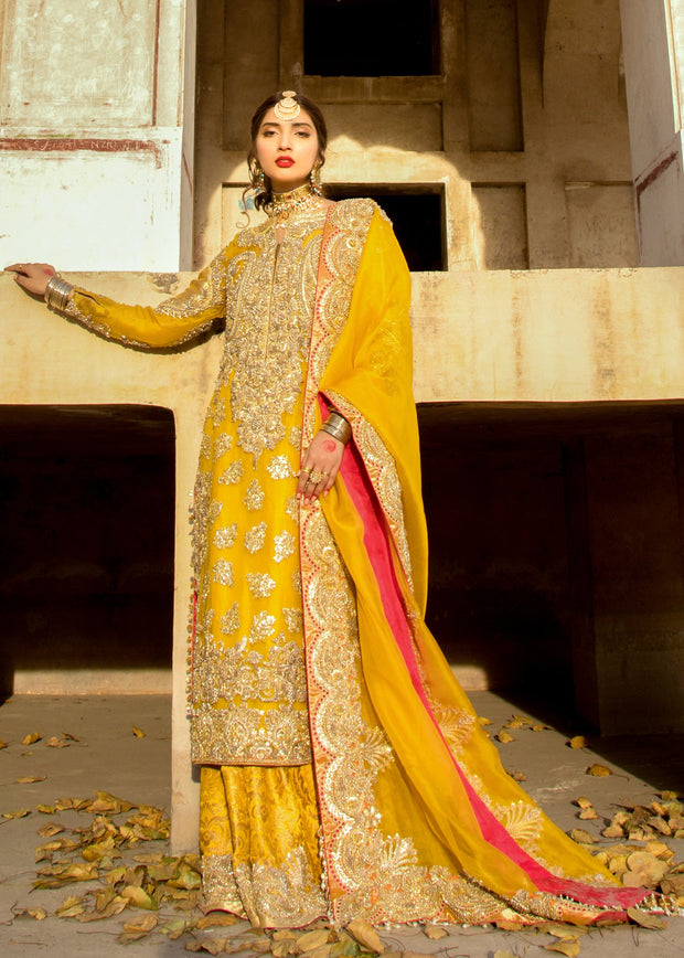 Pakistani Mehndi Outfit For Wedding Wear In Yellow Color Nameera By Farooq 3181