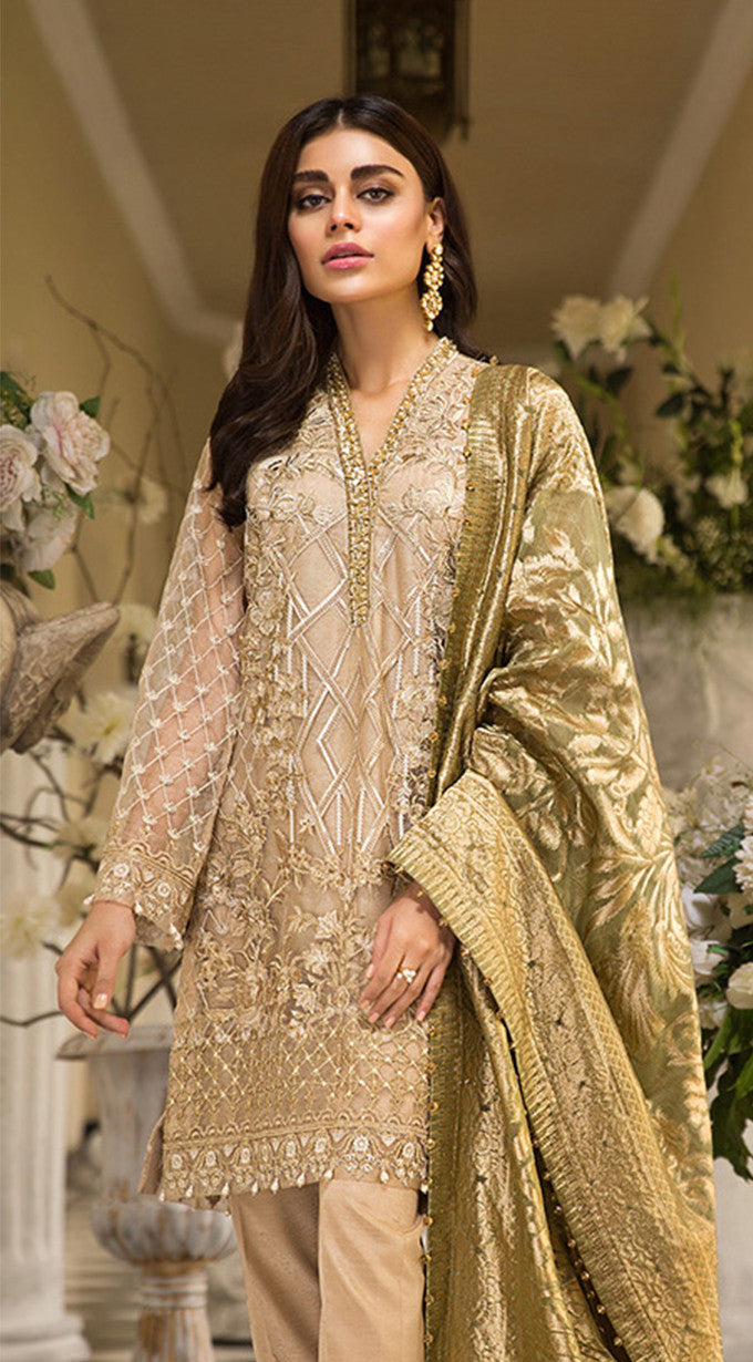 Pakistani embroidered organza dresses in skin gold color – Nameera by ...