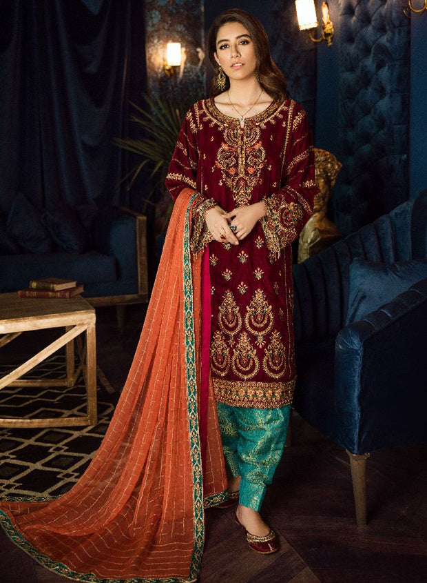 Pakistani Velvet Embroidered Party Dress With Motifs Nameera By Farooq 