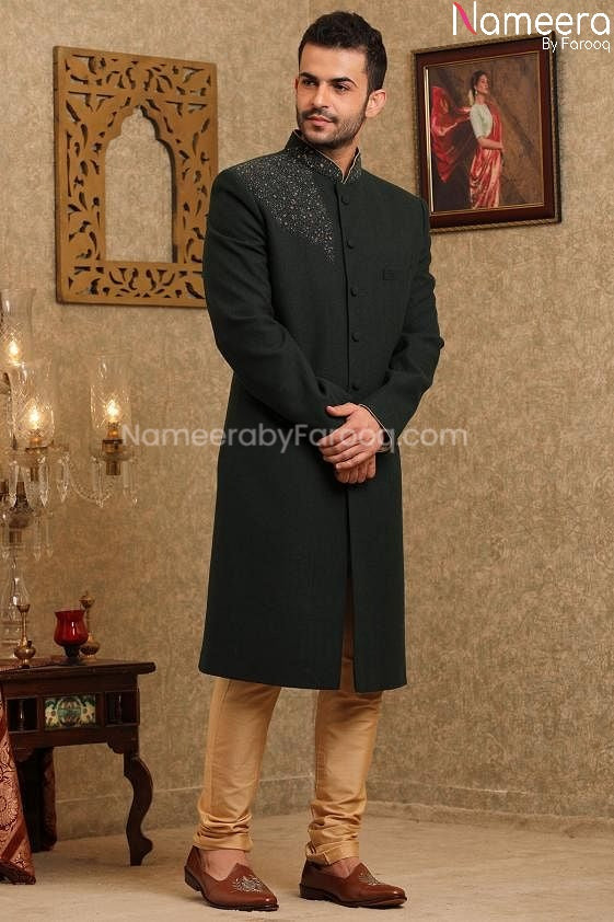 Buy Pakistani Wedding Sherwani Black For Groom 2021 Nameera By Farooq 3442