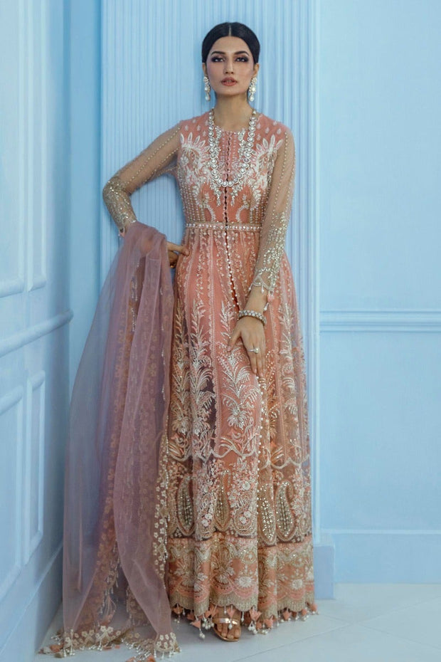 Peach Pakistani Pishwas Dress With Lehenga Designer Online Nameera By Farooq 2324