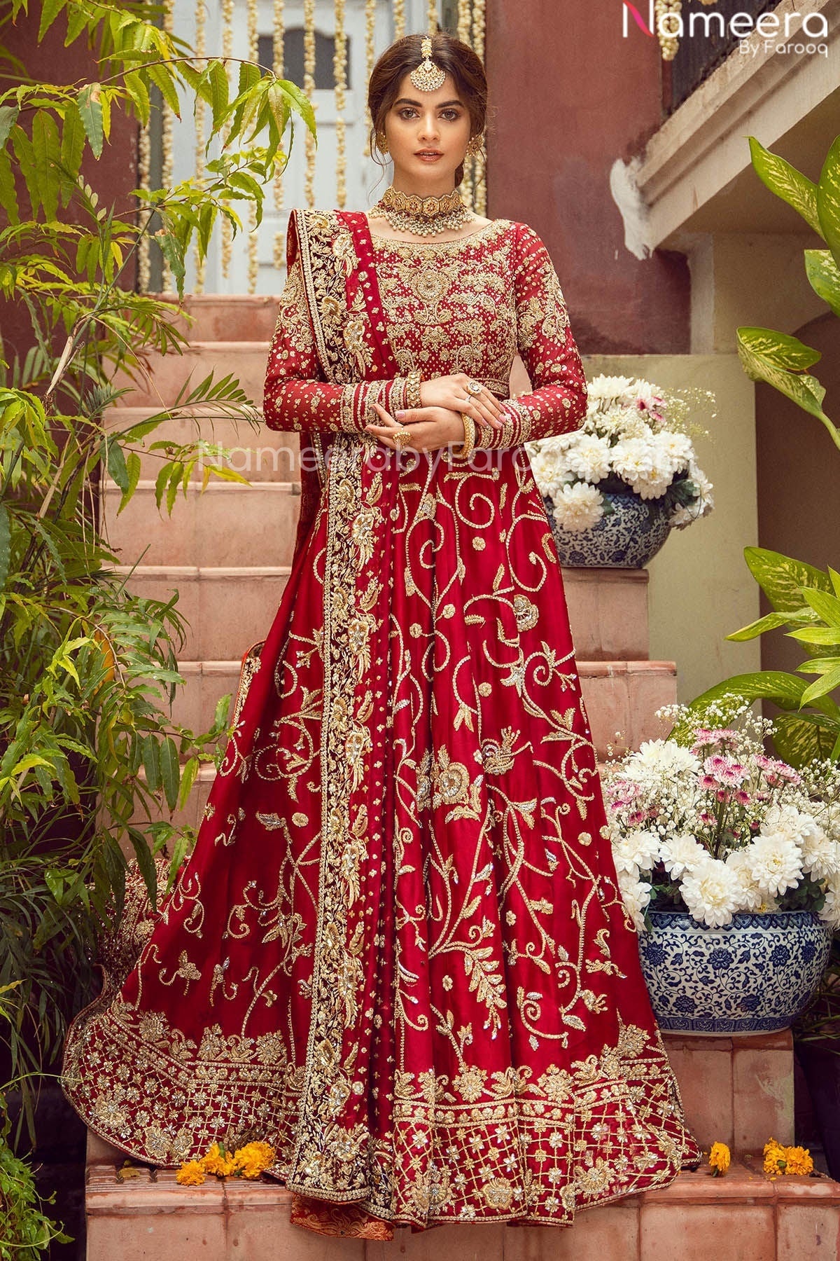 Pretty Red Bridal Dress Pakistani Designer Attire Online 2021 Nameera By Farooq 