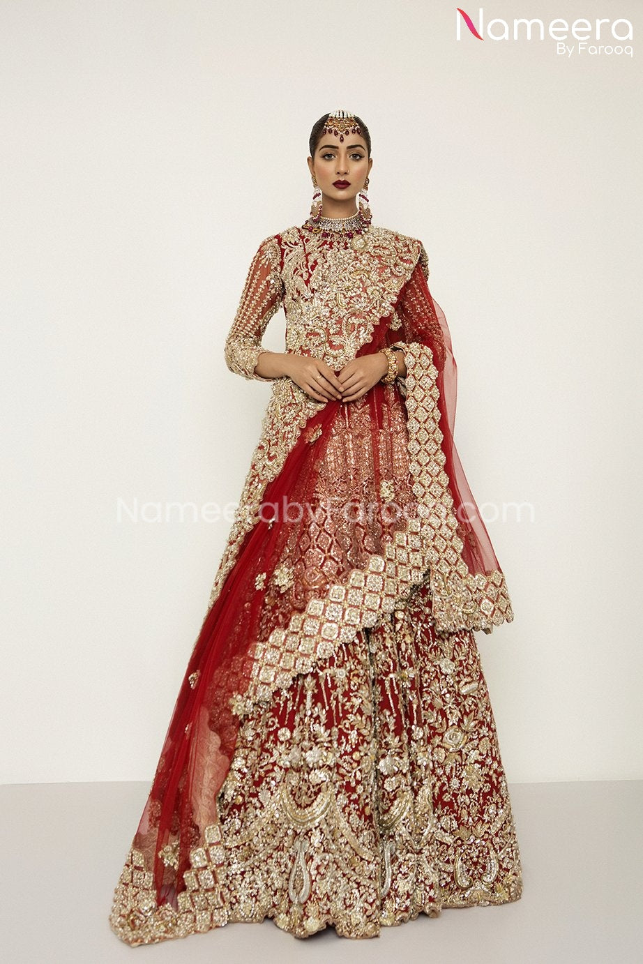 Latest Lehenga Choli Red And Gold Pakistani Bridal Dress Nameera By Farooq 1528