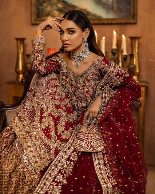 Farshi Lehenga Kameez Deep Red Bridal Dress Pakistani#N#– Nameera by Farooq