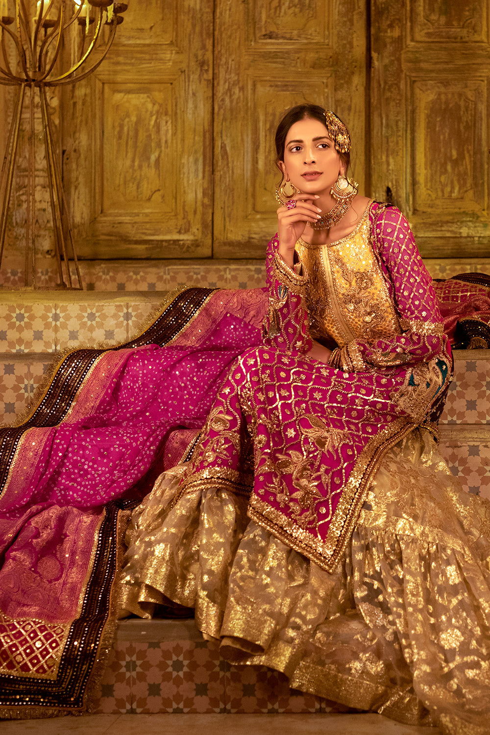 Pakistani Wedding Dress In Farshi Gharara Kameez Style Nameera By Farooq 