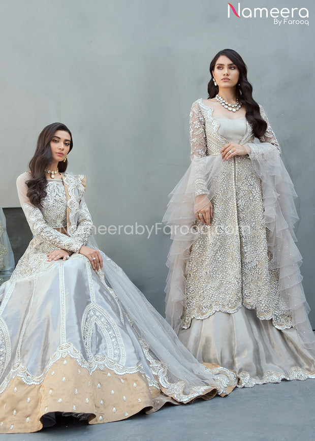 Latest Elegant Silver Bridal Dress Pakistani Online 2021 Nameera By Farooq 9359