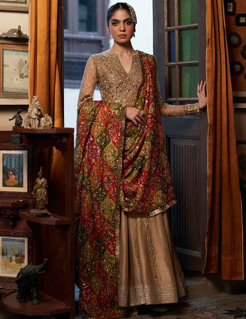 Traditional Pishwas Pakistani Wedding Dress in Raw Silk – Nameera by Farooq