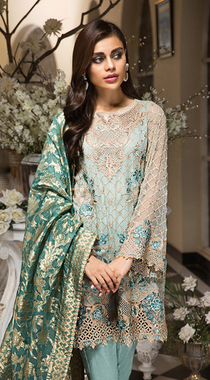 Traditional Pakistani Designer Dresses In Aqua Blue Color Nameera By Farooq 5668