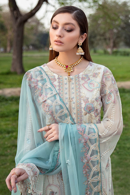 White Pakistani Dress in Chiffon with Embroidery Online – Nameera by Farooq