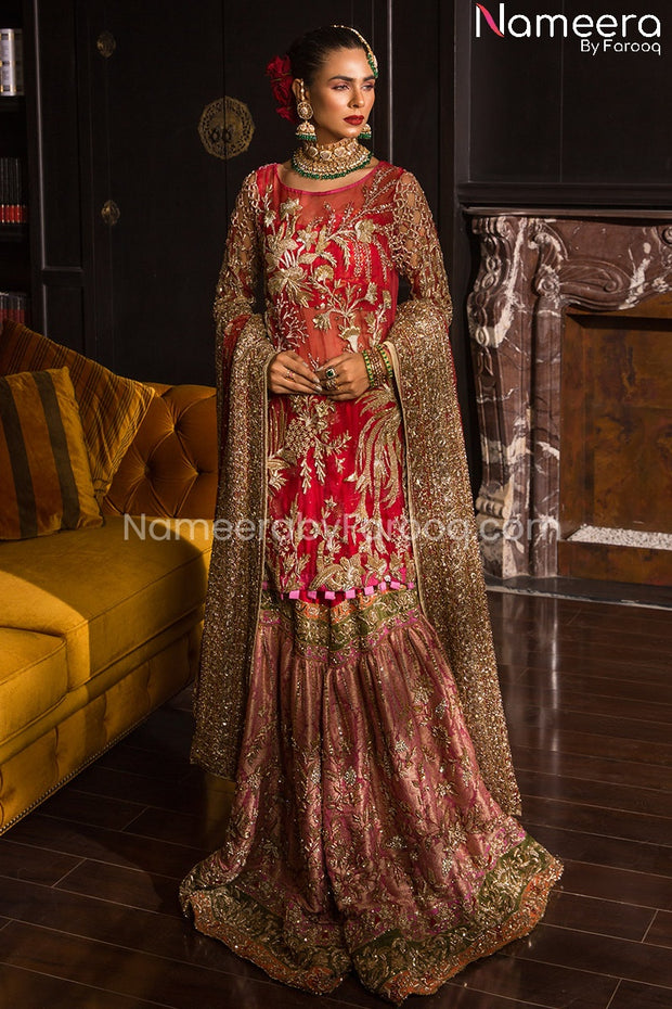 Latest Bridal Gharara Pakistani In Jamawar With Red Kurti Nameera By Farooq 2098