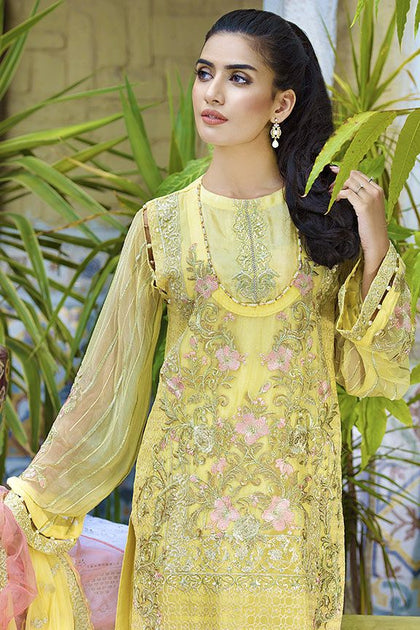 Crinkle chiffon dress in lavish yellow color for party – Nameera by Farooq