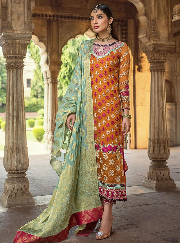 Designer embroidered chiffon outfit in orange color – Nameera by Farooq