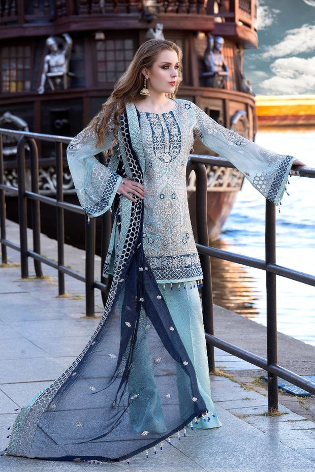 Designer Sequins Embroidered Dress In Aqua Blue Color Nameera By Farooq 