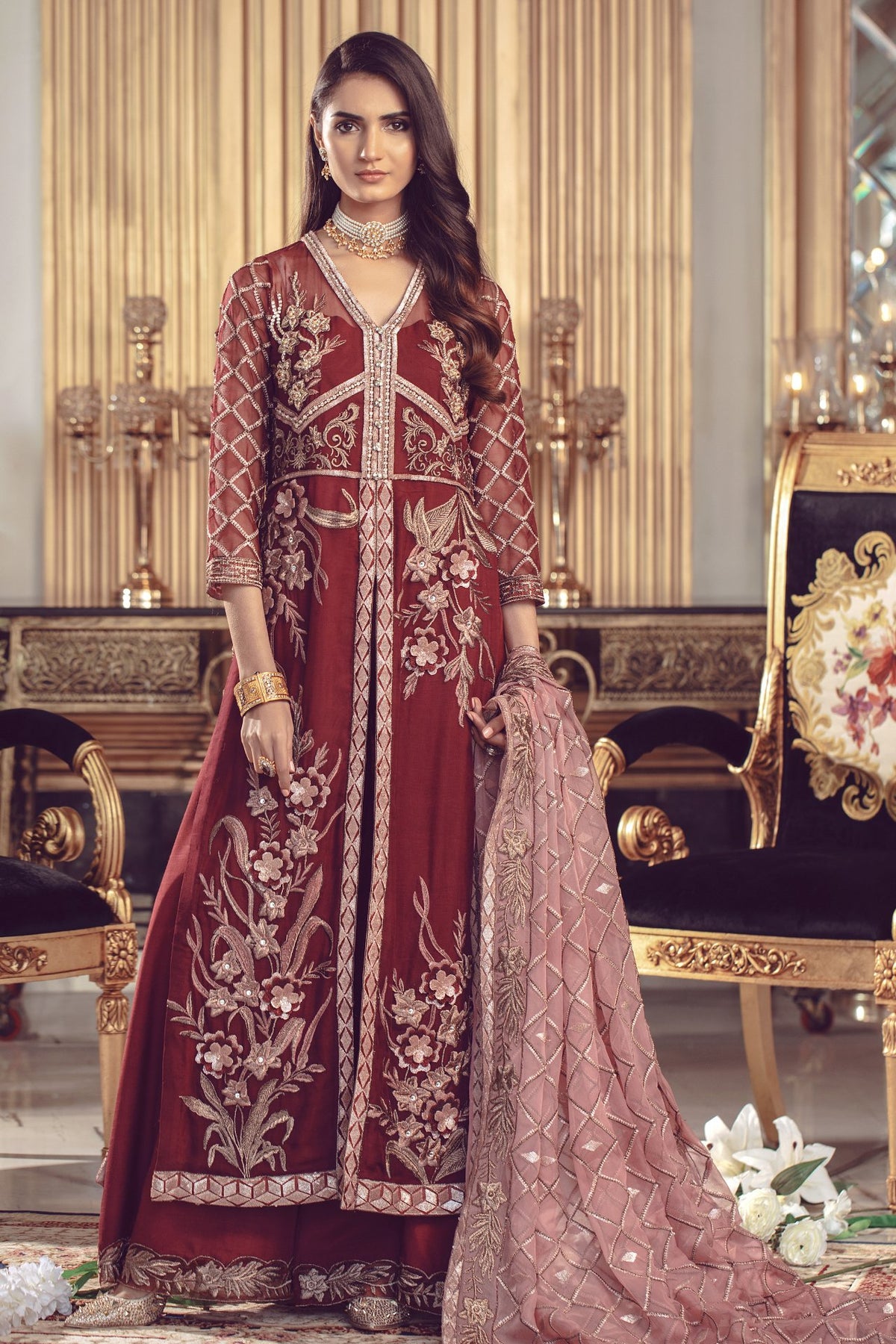 Formal Eid Dress Embellished with Organza Work in USA – Nameera by Farooq