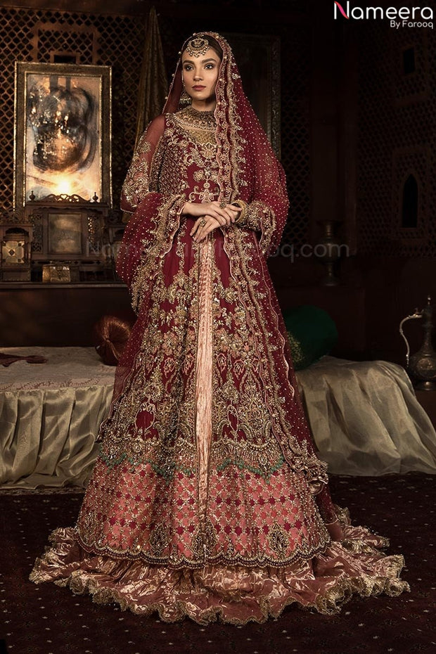 Premium Designer Maroon Colour Lehenga for Bride Online – Nameera by Farooq