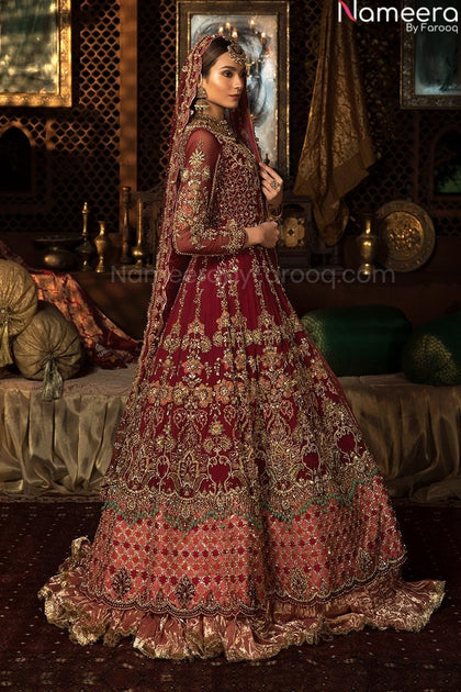 Premium Designer Maroon Colour Lehenga for Bride Online – Nameera by Farooq