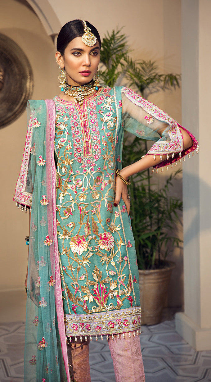 Organza embroidered outfit in blue and pink color – Nameera by Farooq