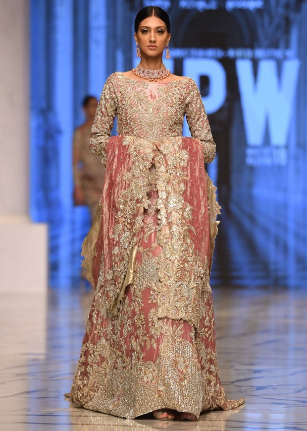 Pink embroidered Pakistani bridal dress on net fabric – Nameera by Farooq