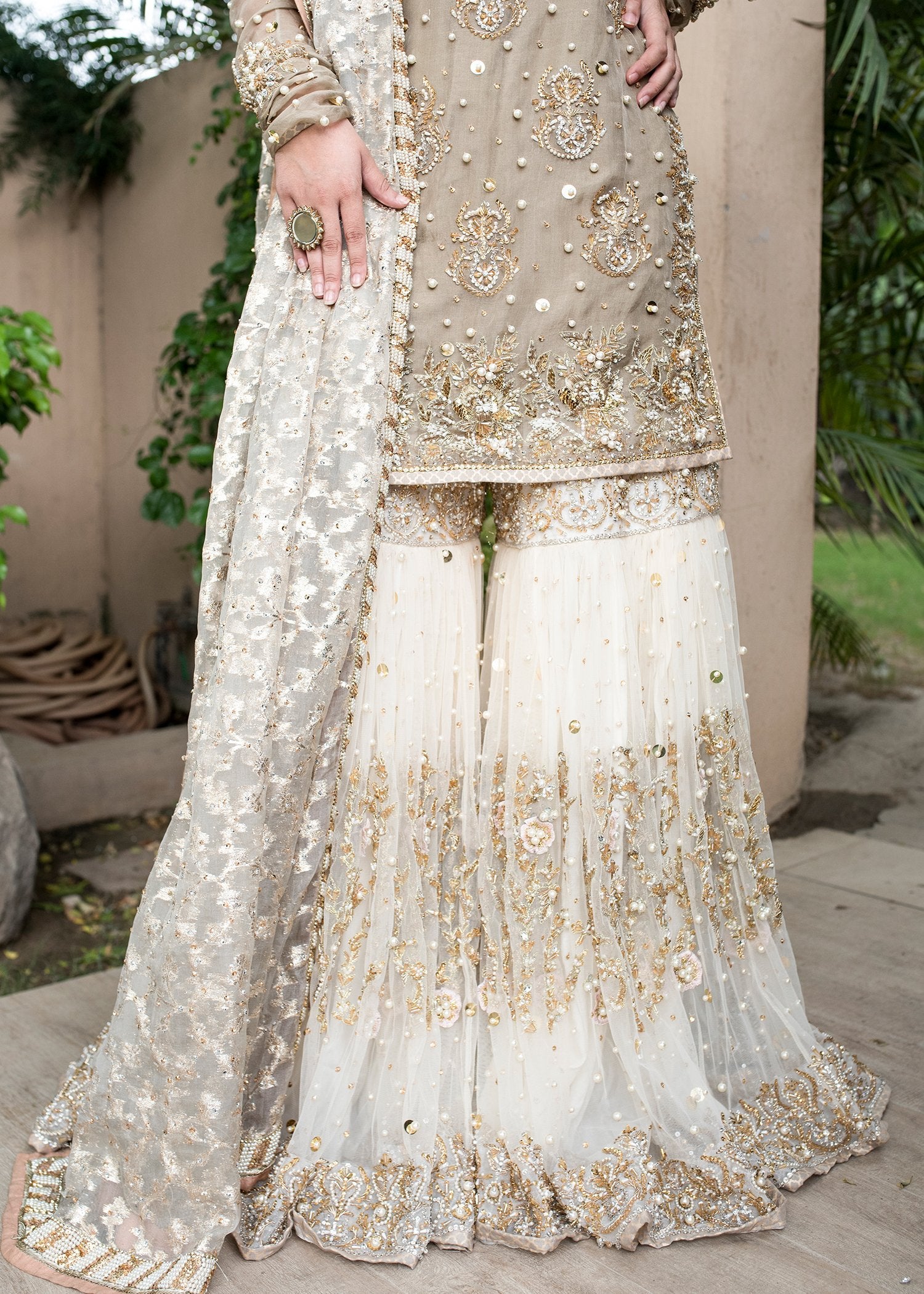 White Gharara Dress With Elegant Pearl And Sequins Work Nameera By Farooq 8283