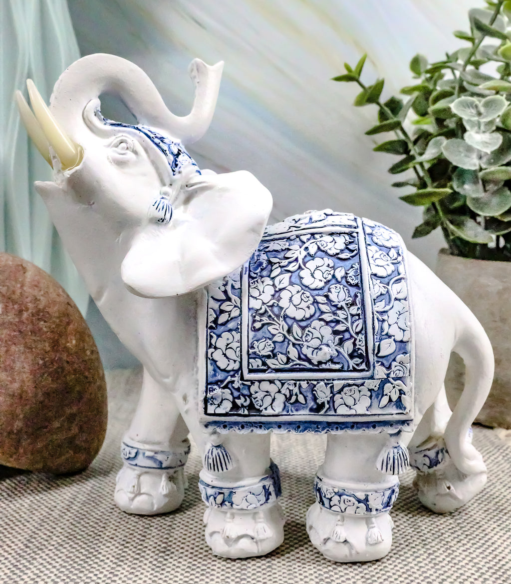 Ebros Feng Shui Blue & White Floral Left Facing Elephant With Trunk Up ...