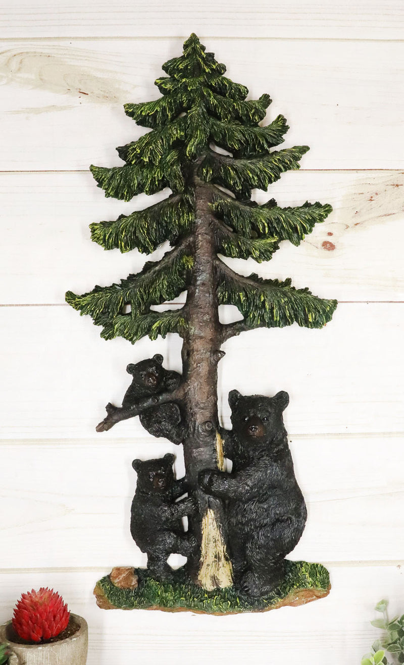 Rustic Forest Black Bear With 2 Cubs Climbing On Pine Tree Wall Art De