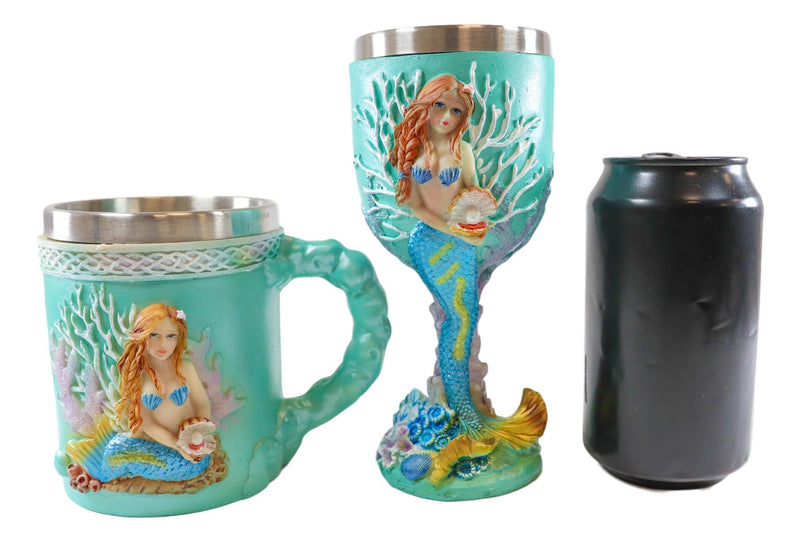 Ebros Nautical Turquoise Ocean Coral Reef Mermaid W/ Pearl Mug & Wine Goblet Set