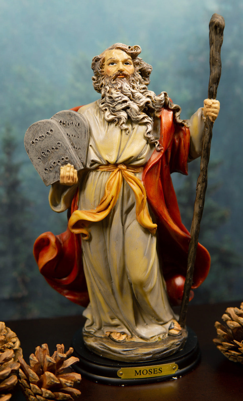 Ebros Moses Holding Staff & Ten Commandments Tablets Statue W/ Brass N