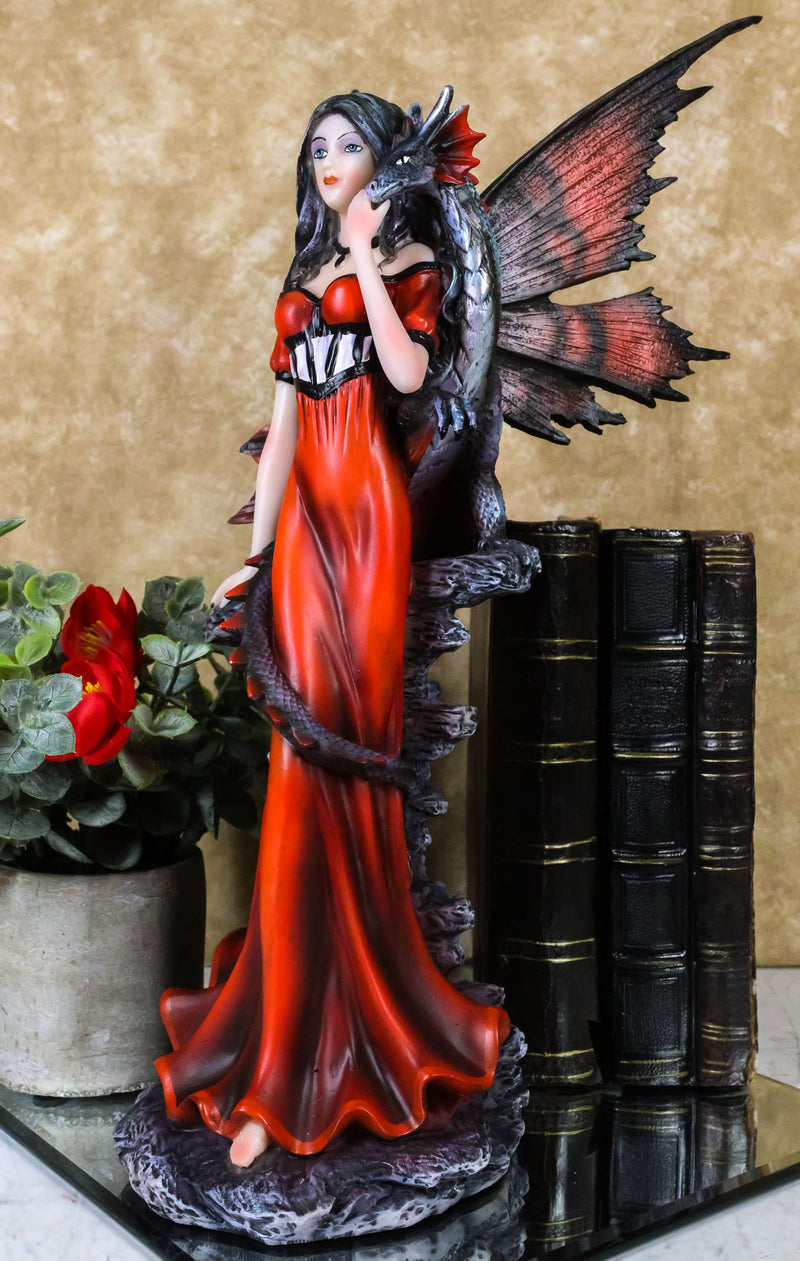 Butterfly Winged Elf Fairy In Red Evening Gown With Midnight Dragon Figurine
